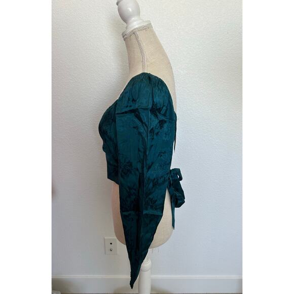 Band of the Free Camille Floral Satin Tie Back Crop Top in Teal - M - Picture 3 of 6